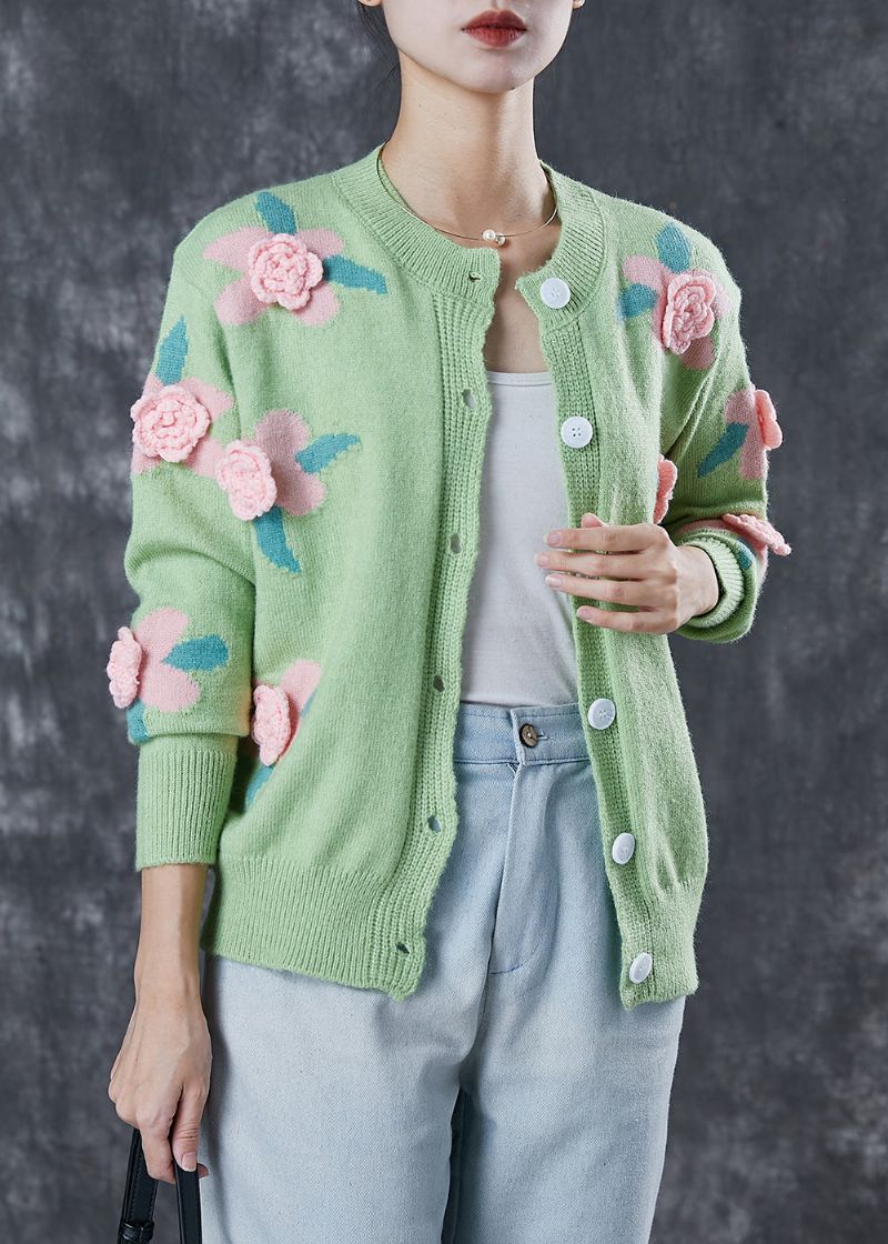 Stijl Groen Stereoscopisch Bloemen Gezellig Gebreid Vest Lente - Dames cardigans