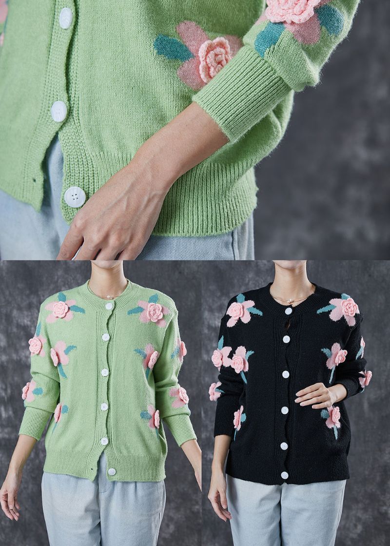 Stijl Groen Stereoscopisch Bloemen Gezellig Gebreid Vest Lente - Dames cardigans