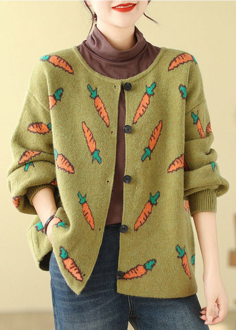 Stijl Groene Oversized Print Gebreide Vesten Lente - Dames cardigans