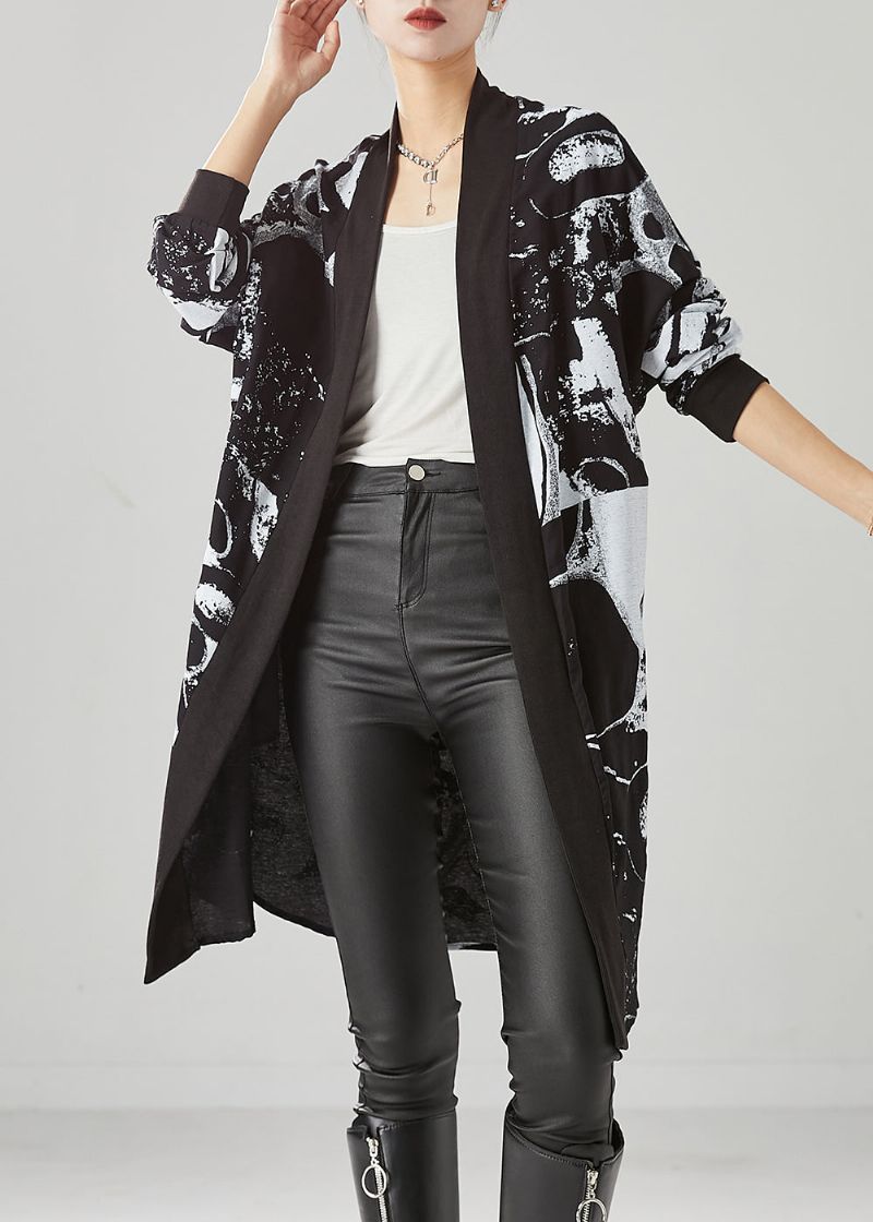 Stijl Zwart Oversized Katoenen Losse Vest Met Print Herfst