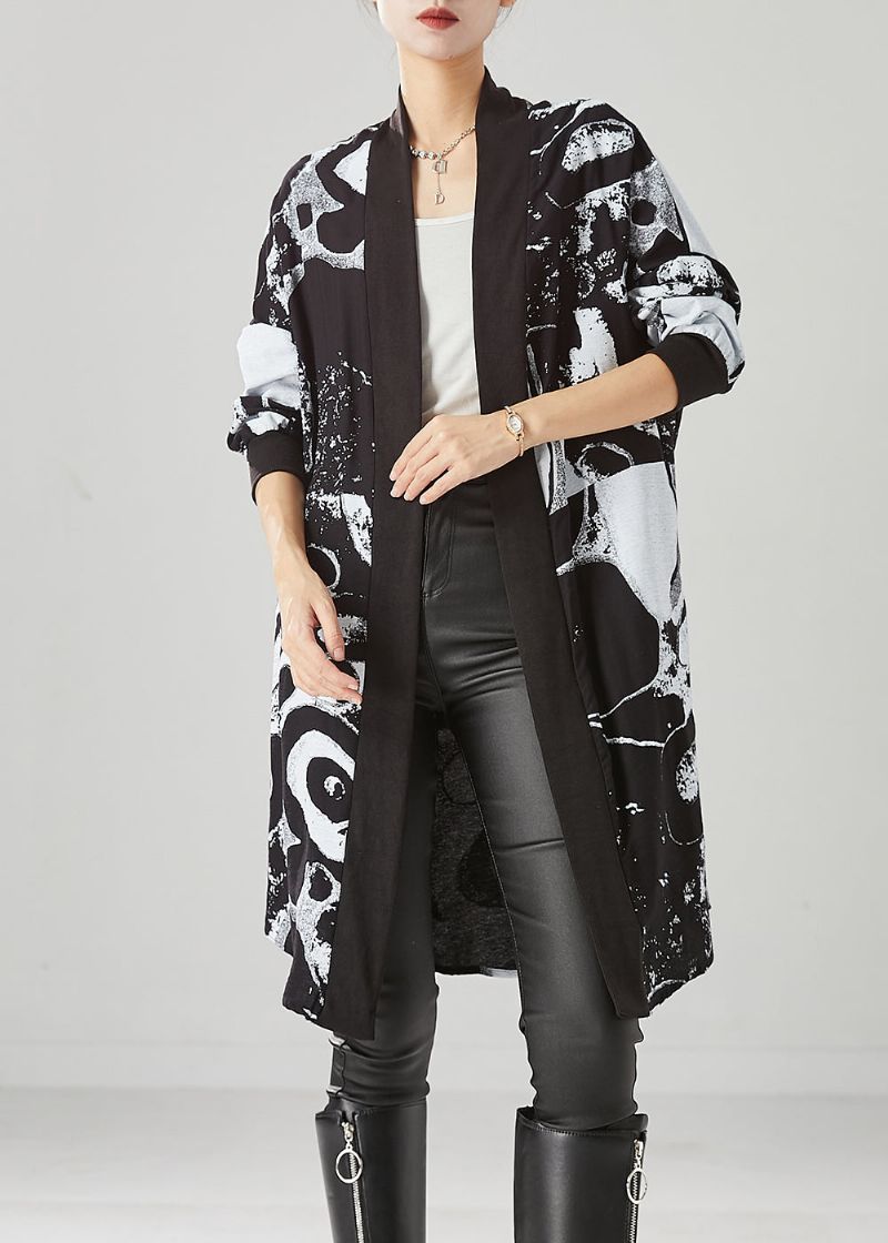 Stijl Zwart Oversized Katoenen Losse Vest Met Print Herfst - Dames cardigans