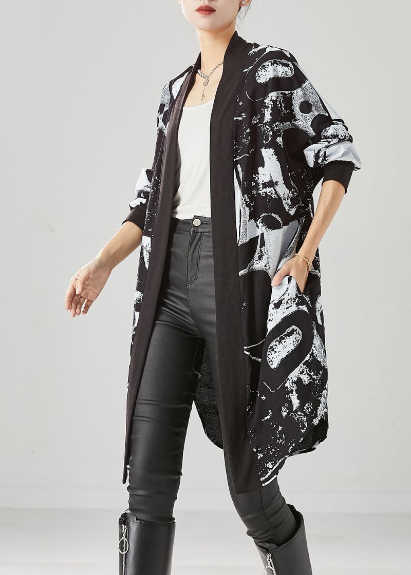 Stijl Zwart Oversized Katoenen Losse Vest Met Print Herfst - Dames cardigans