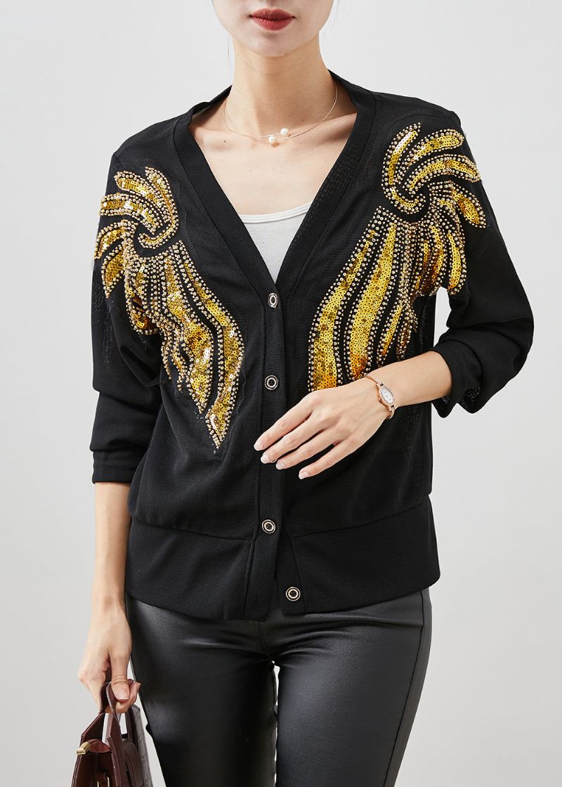 Stijl Zwart Pailletten Button-down Katoenen Vest Herfst