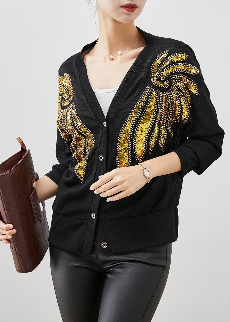 Stijl Zwart Pailletten Button-down Katoenen Vest Herfst - Dames cardigans