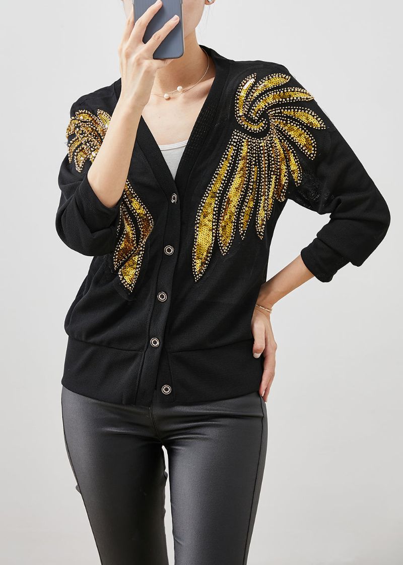 Stijl Zwart Pailletten Button-down Katoenen Vest Herfst - Dames cardigans