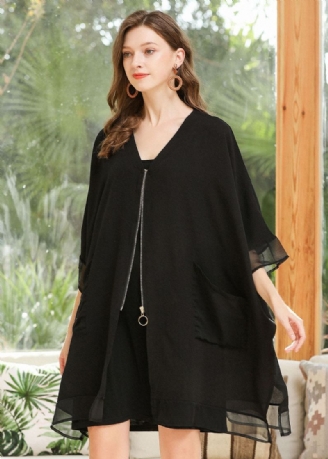 Stijl Zwarte Oversized Zakken Met Ritssluiting Chiffon Jas Vleermuismouw