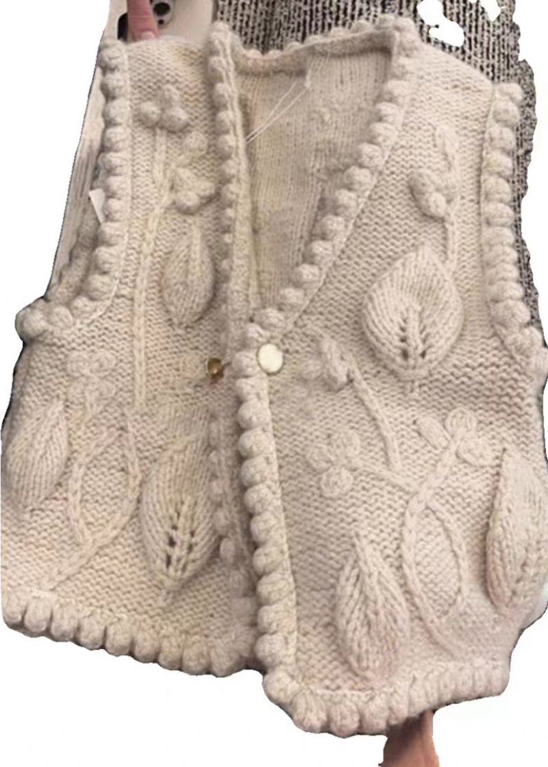 Stijlvol Beige Mouwloos Gebreid Vest Van Katoen Met V-hals En Knopen - Dames cardigans