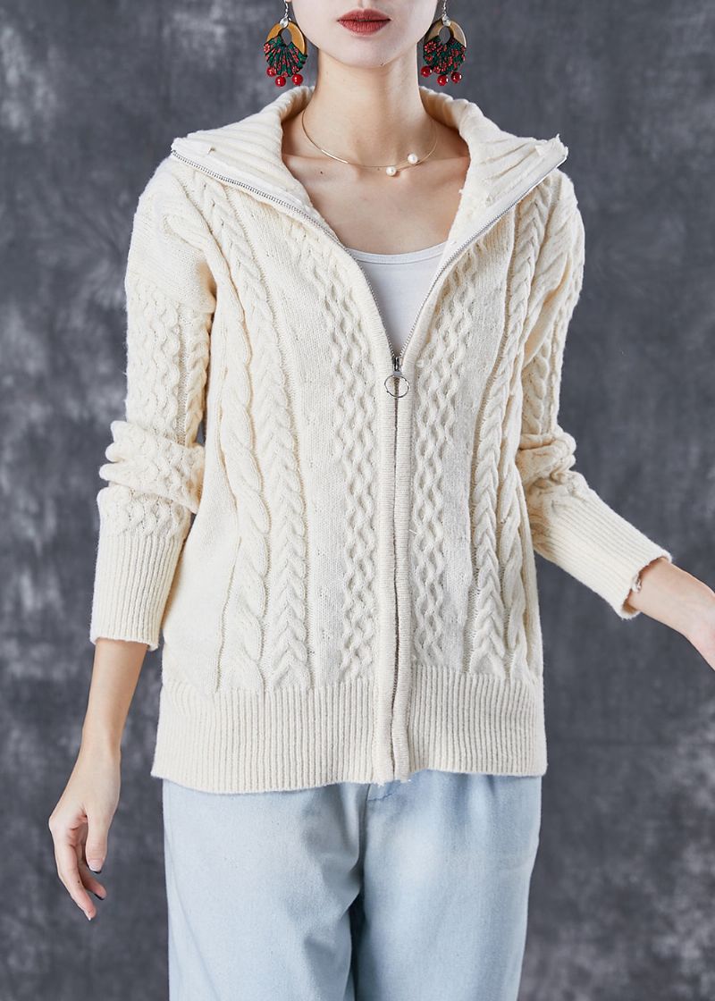 Stijlvolle Beige Dikke Kabelgebreide Jassen Met Ritssluiting Herfst - Dames cardigans