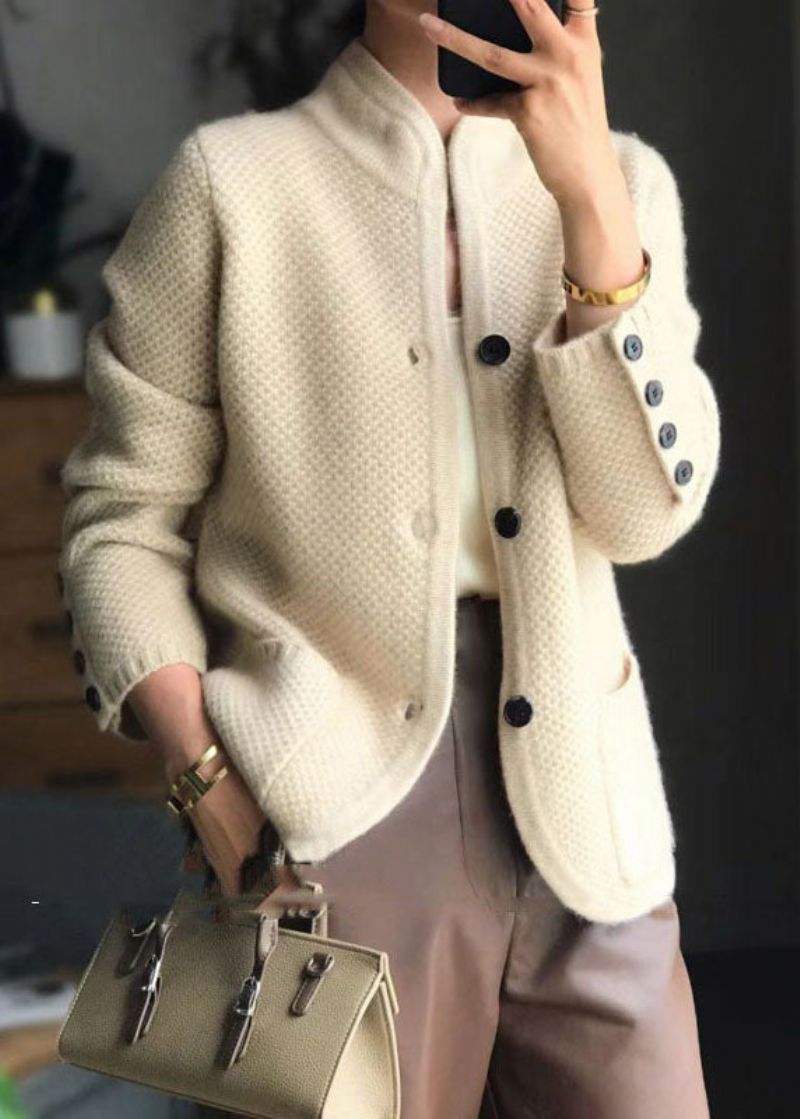 Stijlvolle Beige Opstaande Kraag Slim Fit Kasjmier Vesten Met Knopen Lente - Dames cardigans