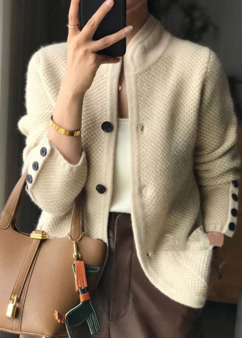 Stijlvolle Beige Opstaande Kraag Slim Fit Kasjmier Vesten Met Knopen Lente - Dames cardigans