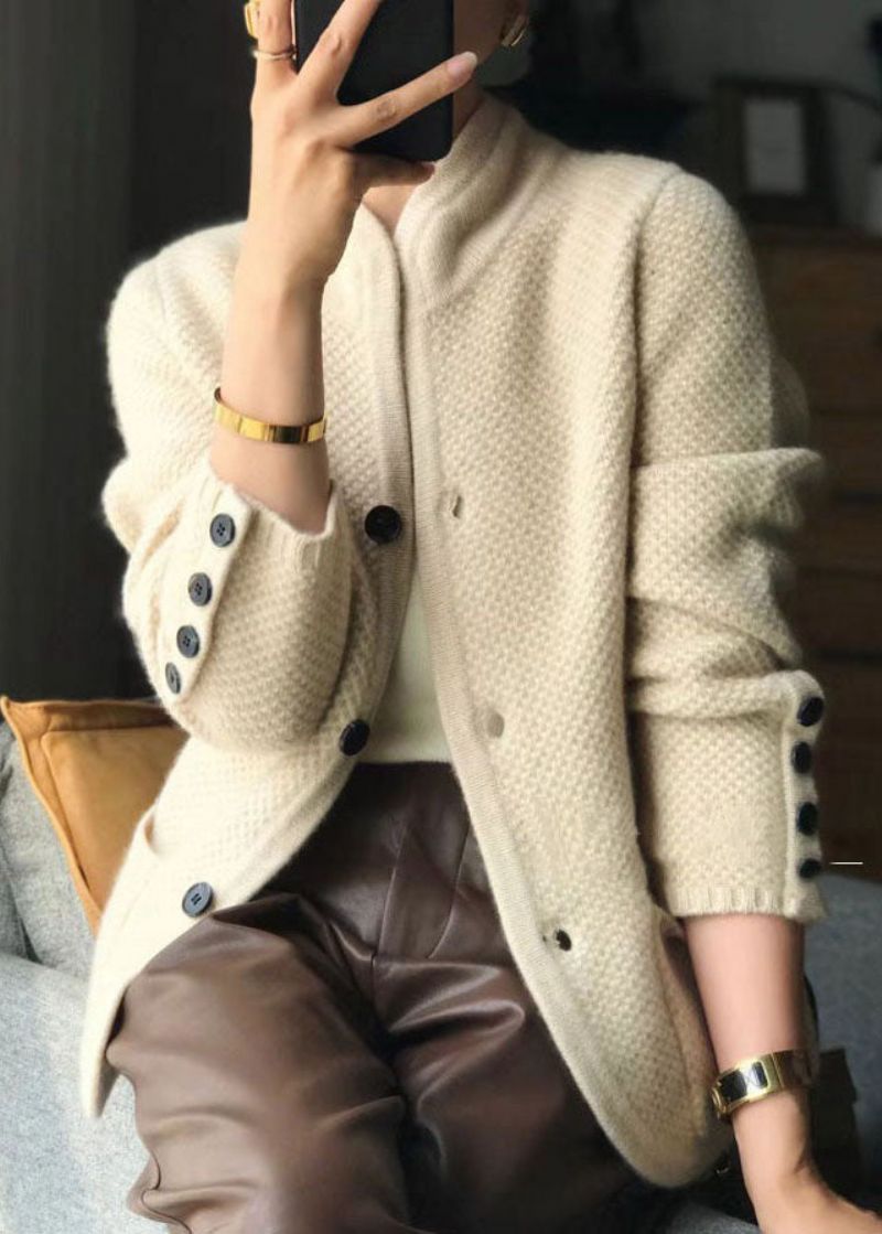 Stijlvolle Beige Opstaande Kraag Slim Fit Kasjmier Vesten Met Knopen Lente - Dames cardigans