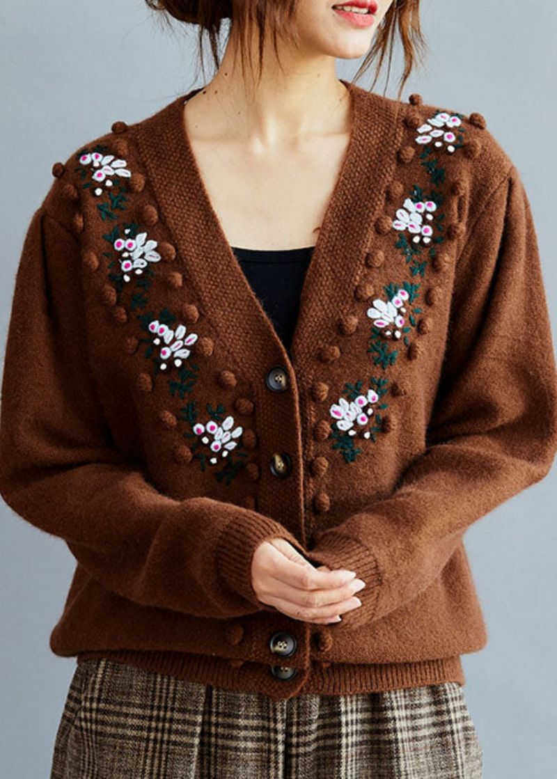 Stijlvolle Chocoladegeborduurde Wollen Gebreide Losse Vesten Winter - Dames cardigans