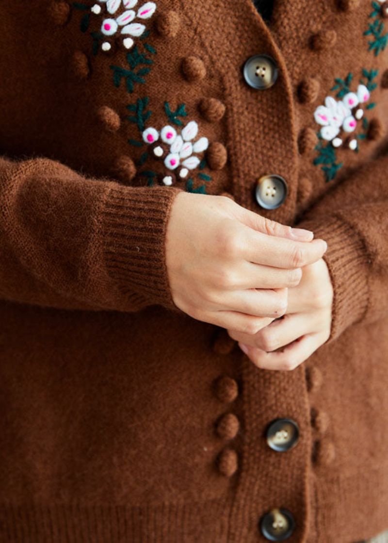 Stijlvolle Chocoladegeborduurde Wollen Gebreide Losse Vesten Winter - Dames cardigans