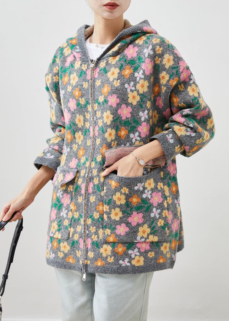 Stijlvolle Grijze Gebreide Jas Met Bloemenprint En Ritssluiting Lente - Dames cardigans