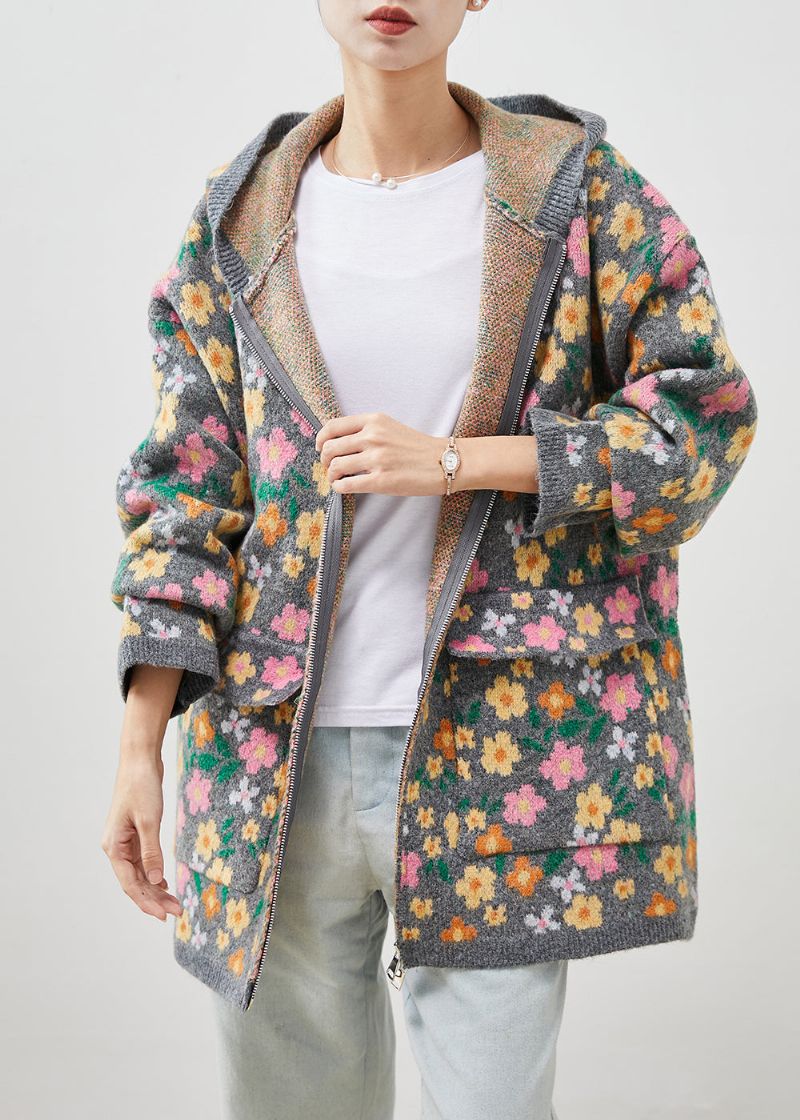 Stijlvolle Grijze Gebreide Jas Met Bloemenprint En Ritssluiting Lente - Dames cardigans