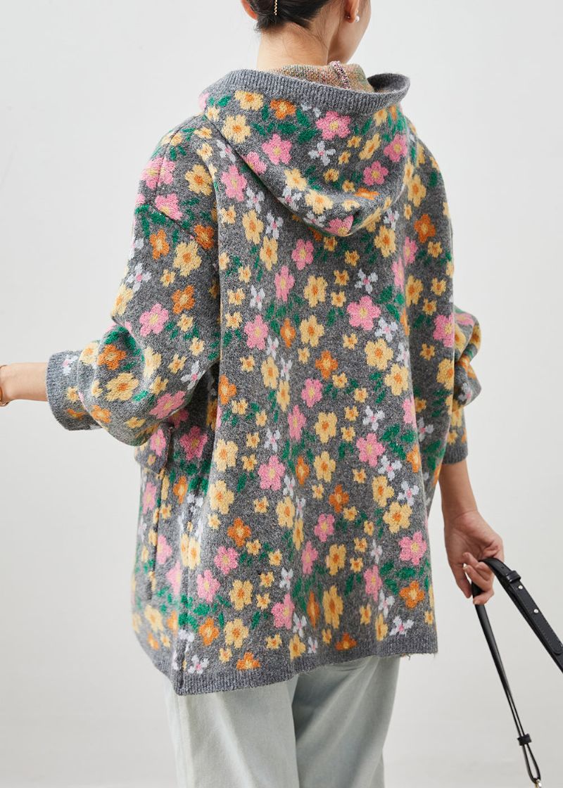 Stijlvolle Grijze Gebreide Jas Met Bloemenprint En Ritssluiting Lente - Dames cardigans