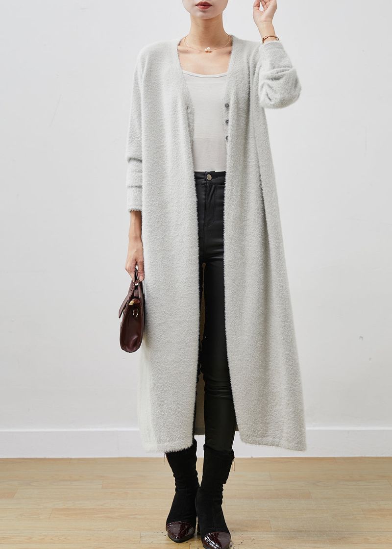 Stijlvolle Grijze Oversized Nertsfluweel Gebreide Losse Jas Winter