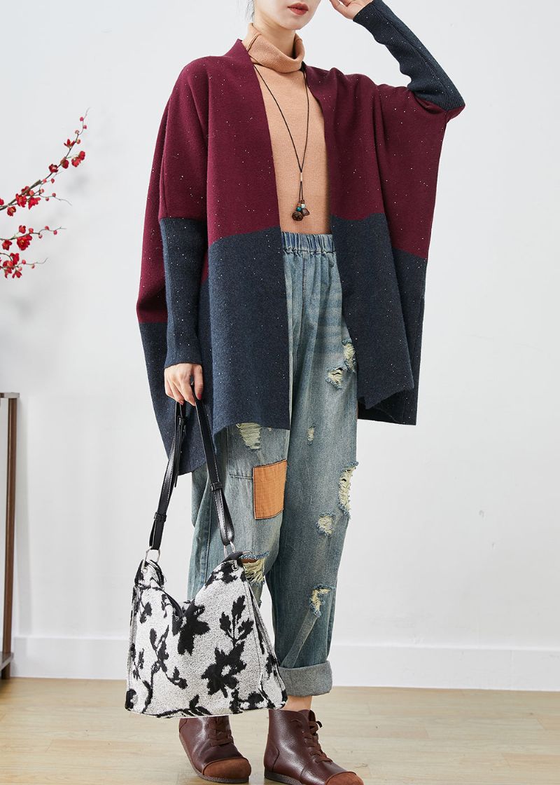 Stijlvolle Mulberry Oversized Patchwork Gebreide Vesten Met Vleermuismouwen - Dames cardigans