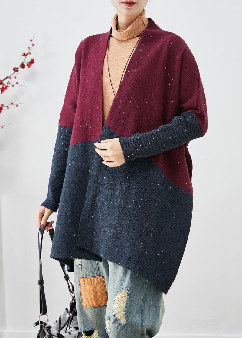 Stijlvolle Mulberry Oversized Patchwork Gebreide Vesten Met Vleermuismouwen - Dames cardigans