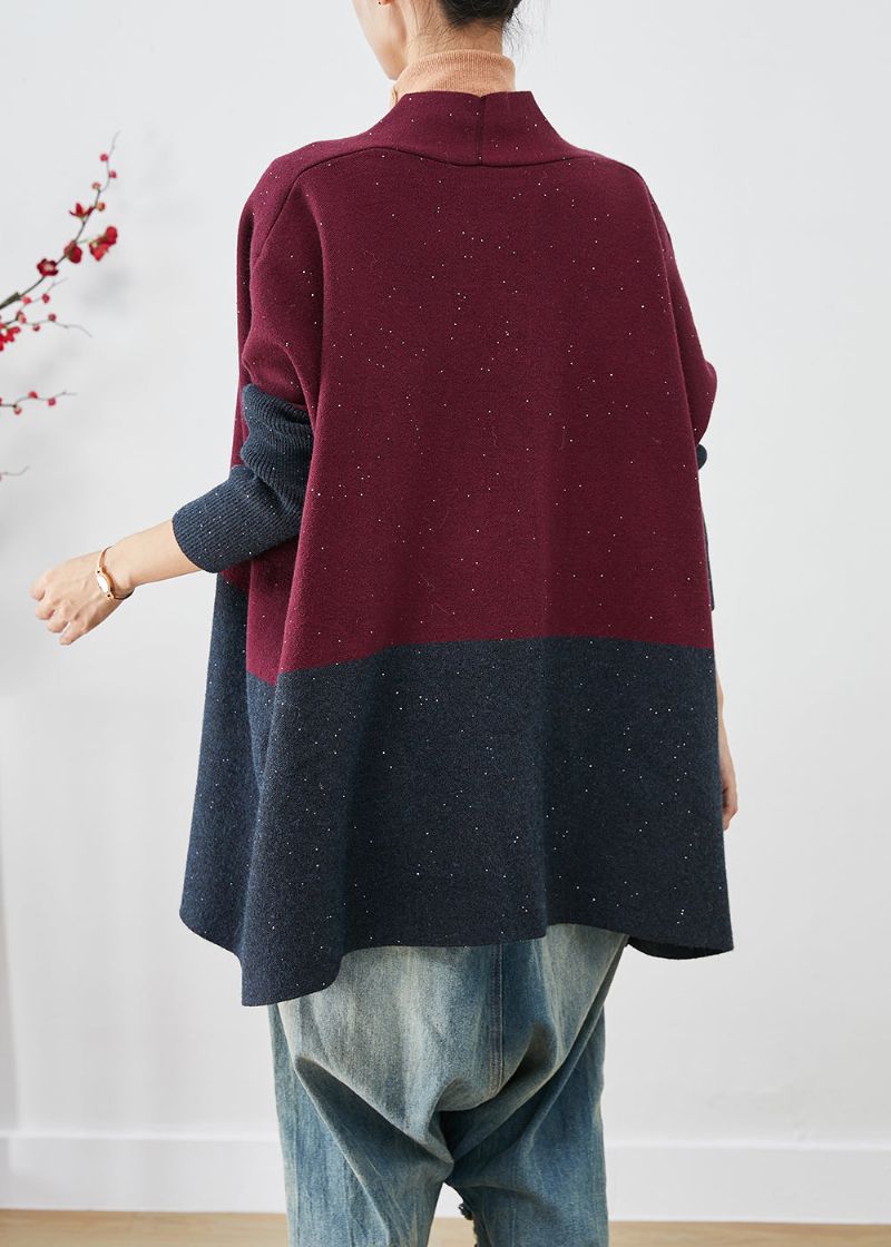 Stijlvolle Mulberry Oversized Patchwork Gebreide Vesten Met Vleermuismouwen - Dames cardigans