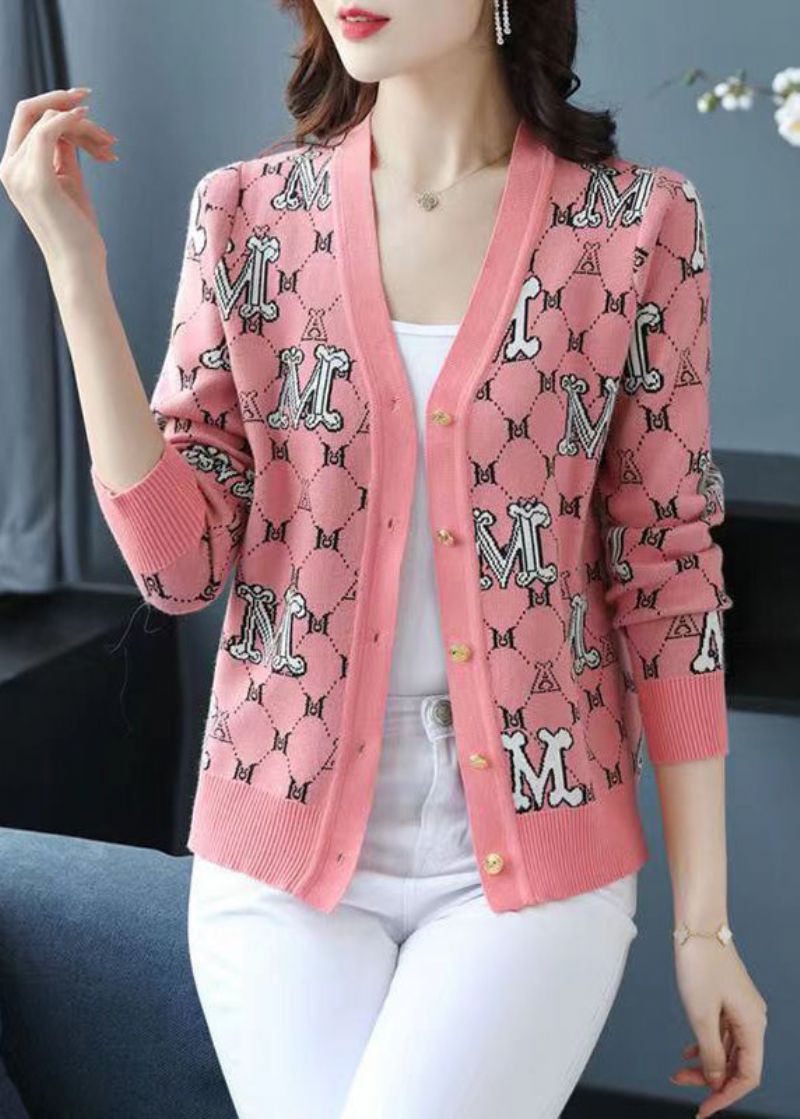 Stijlvolle Roze V-hals Jacquard Patchwork Wollen Losse Vesten Herfst - Dames cardigans