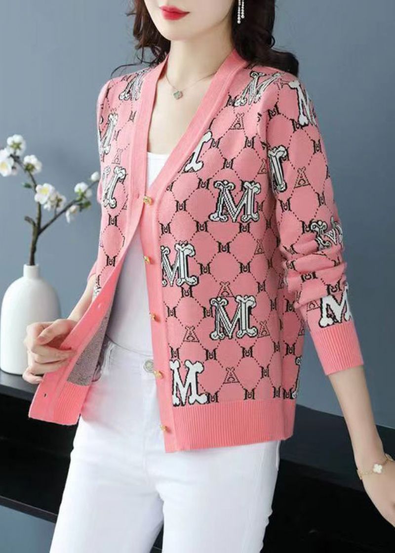 Stijlvolle Roze V-hals Jacquard Patchwork Wollen Losse Vesten Herfst - Dames cardigans