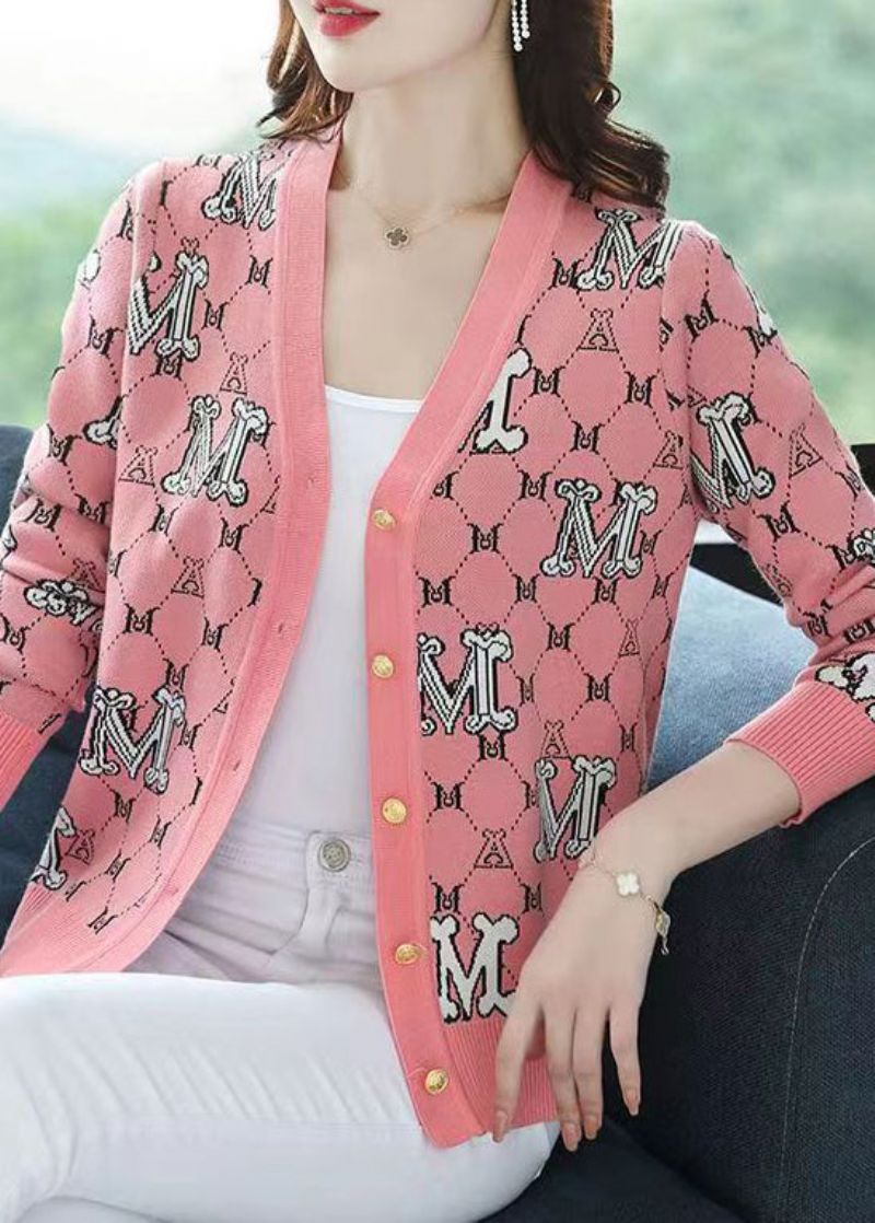 Stijlvolle Roze V-hals Jacquard Patchwork Wollen Losse Vesten Herfst - Dames cardigans