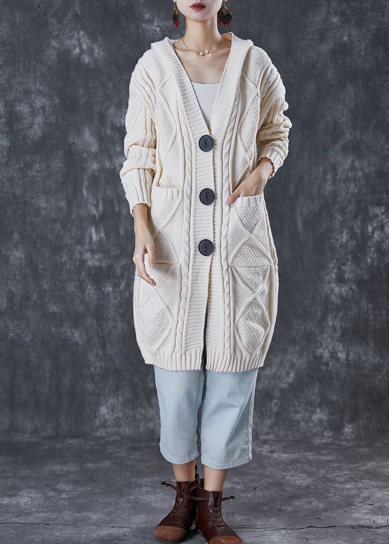 Stijlvolle Witte Capuchonzakken Met Kabelgebreide Jassen Winter - Dames cardigans