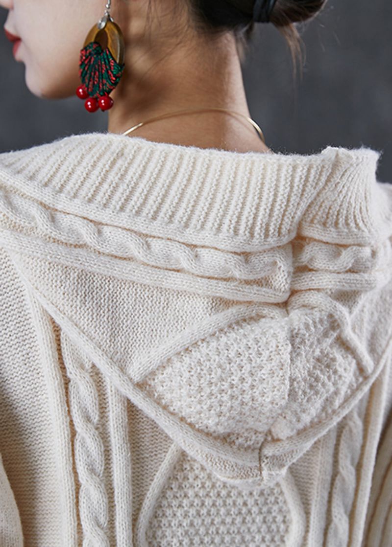 Stijlvolle Witte Capuchonzakken Met Kabelgebreide Jassen Winter - Dames cardigans