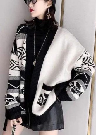 Stijlvolle Zwarte Oversized Patchwork Print Gebreide Losse Vesten Winter