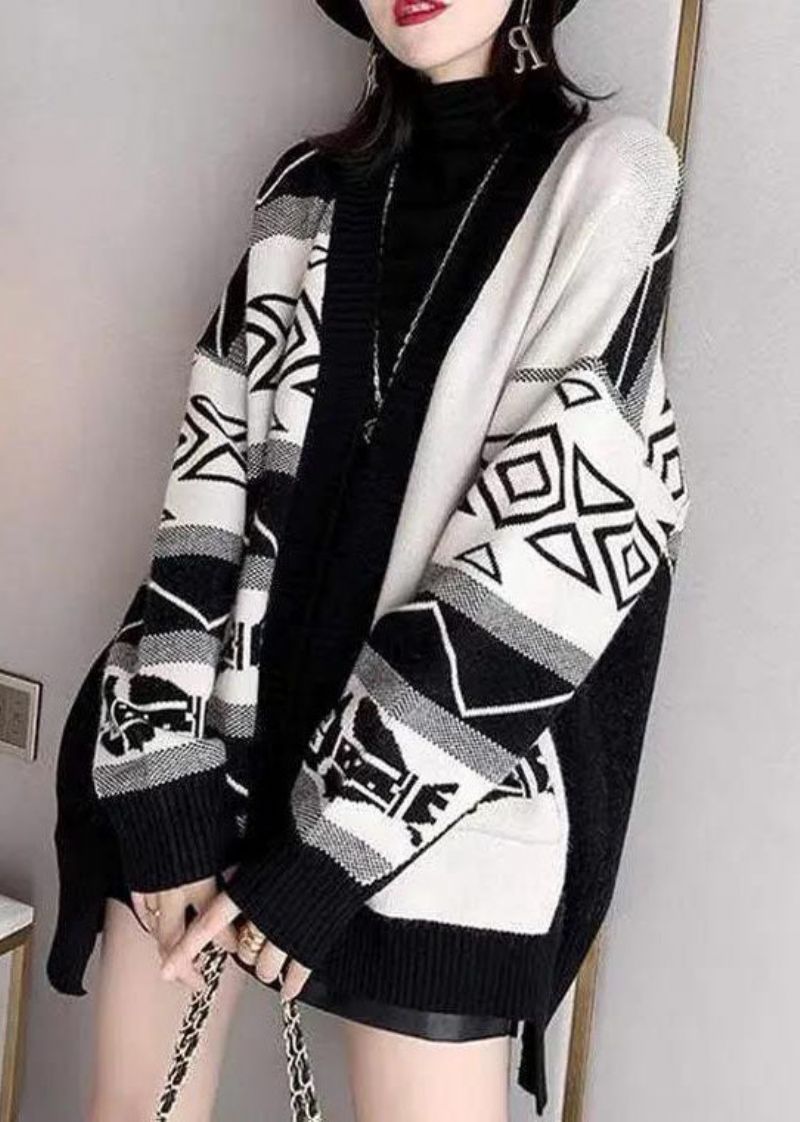 Stijlvolle Zwarte Oversized Patchwork Print Gebreide Losse Vesten Winter - Dames cardigans