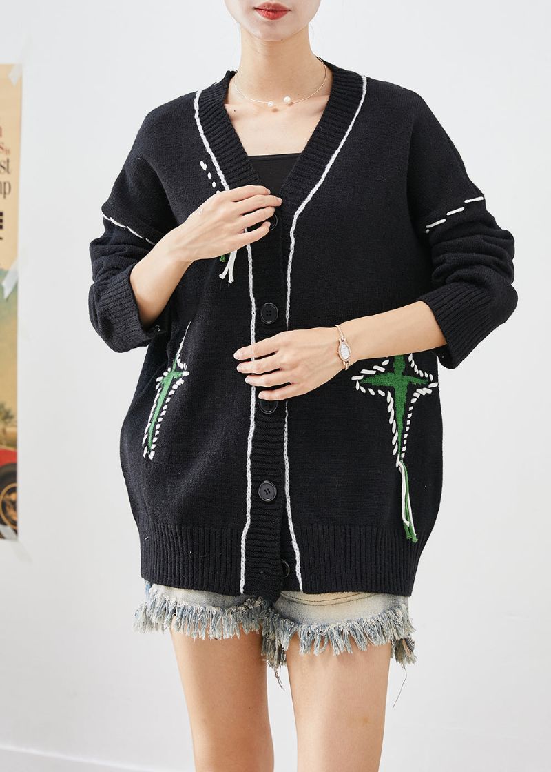 Uniek Zwart Oversized Jacquard Gebreid Vest Herfst - Dames cardigans