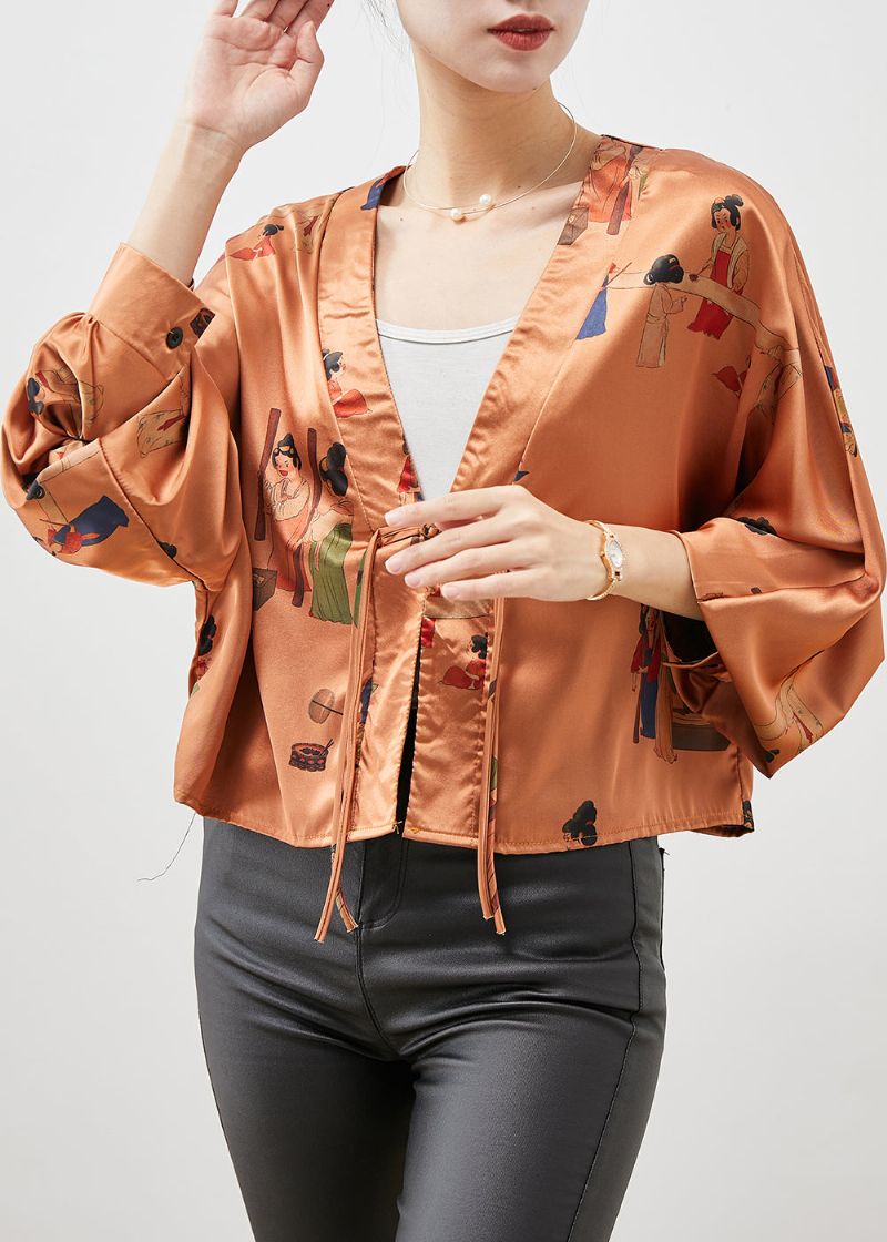 Unieke Zijden Vesten Met Oranje Kwastjes En Print Lente - Dames cardigans