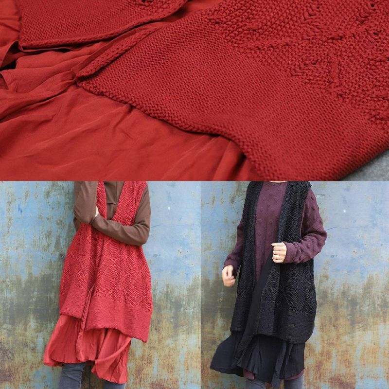 Vintage Mouwloze Gebreide Uitloper Oversized Zwarte Uitgeholde Vesten - Rood