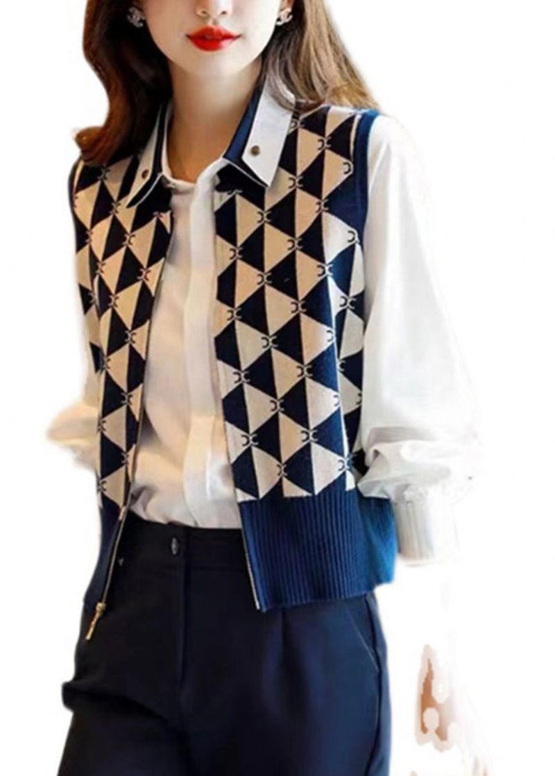 Vintage Navy Peter Pan Kraag Asymmetrisch Gebreide Vest Mouw - Dames cardigans