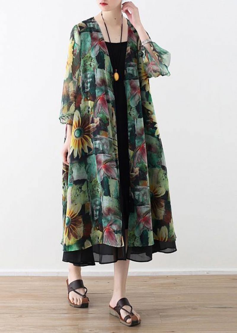 Vintage Oversized Wijde Vesten Met V-hals En Groene Print - Dames cardigans