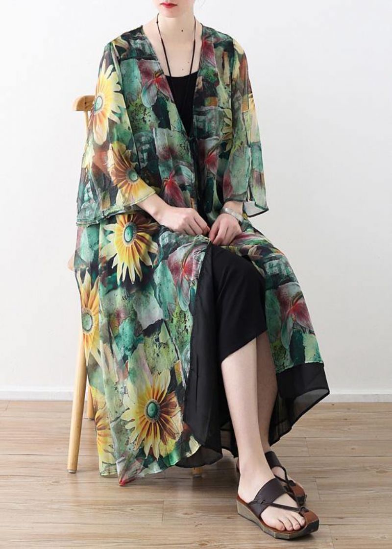 Vintage Oversized Wijde Vesten Met V-hals En Groene Print - Dames cardigans