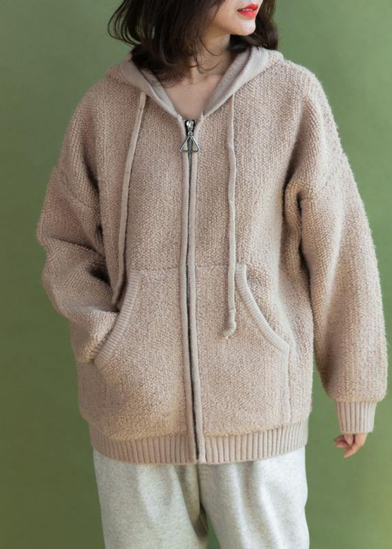 Voor De Lente Beige Gebreide Jassen Casual Winterjas Met Capuchon