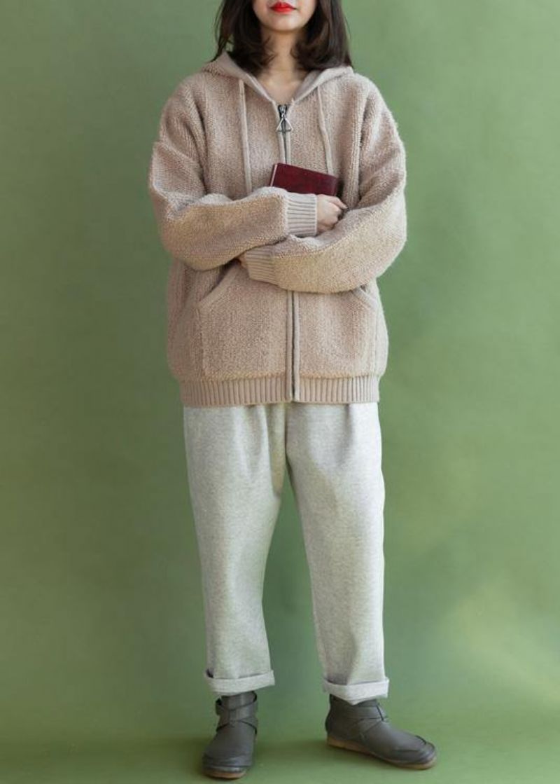 Voor De Lente Beige Gebreide Jassen Casual Winterjas Met Capuchon - Beige