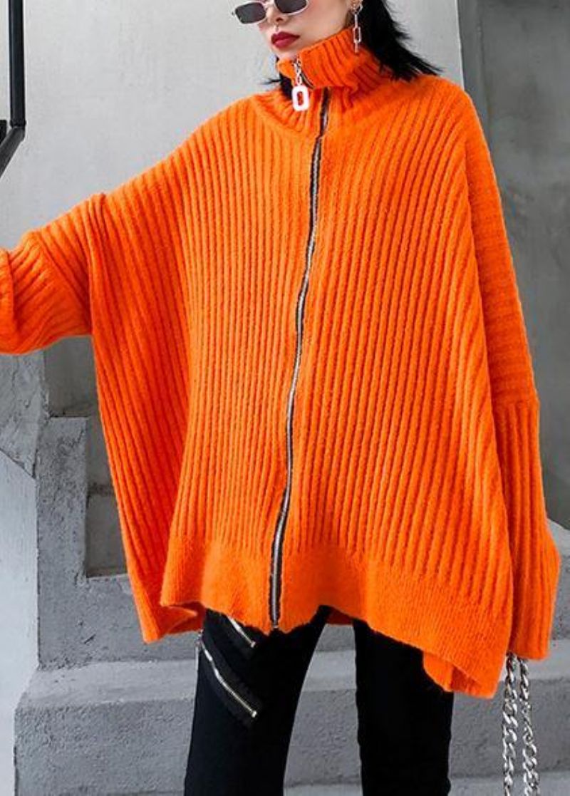 Winter Oranje Gebreide Tops Trendy Grote Maat Blouse Met Hoge Hals En Ritssluiting - Oranje