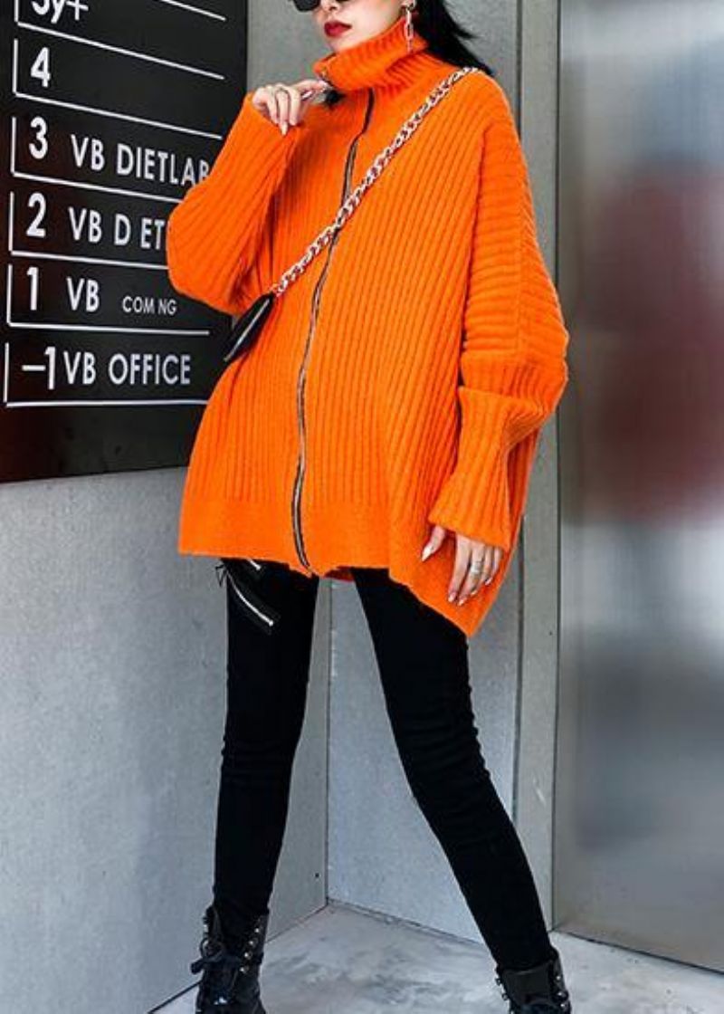 Winter Oranje Gebreide Tops Trendy Grote Maat Blouse Met Hoge Hals En Ritssluiting - Oranje