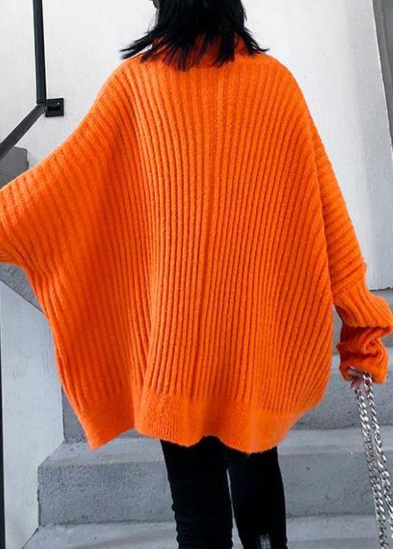 Winter Oranje Gebreide Tops Trendy Grote Maat Blouse Met Hoge Hals En Ritssluiting - Oranje