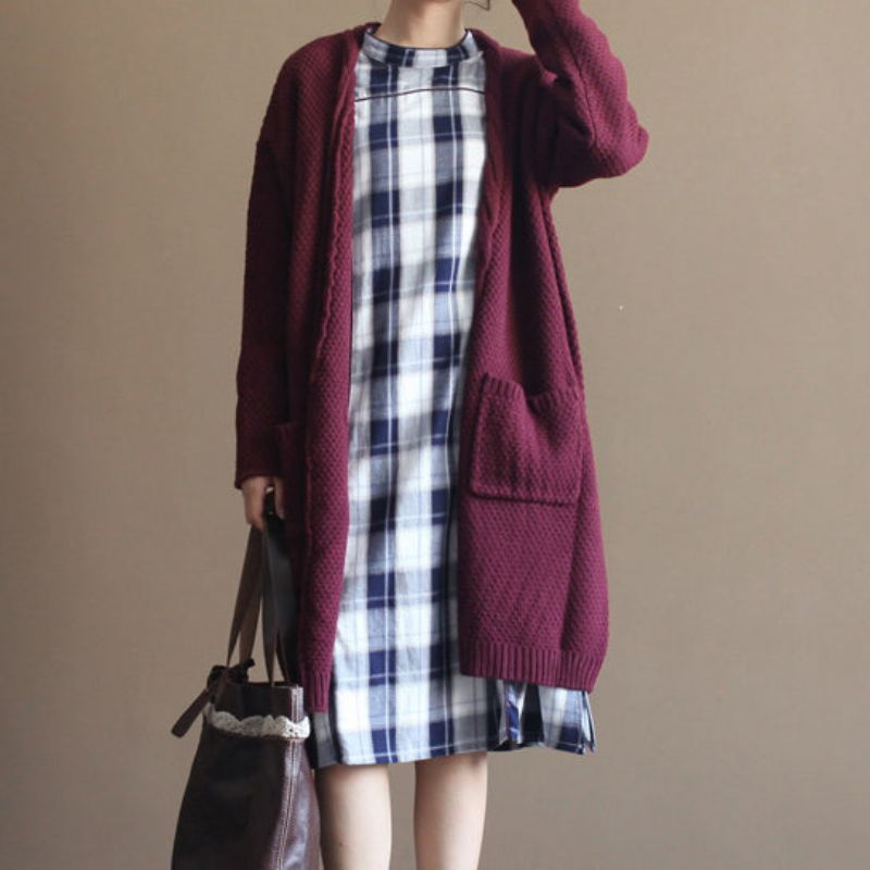 Winter Vintage Katoenen Trui Vesten Bordeaux Oversized Zakken Gebreide Wikkeljas