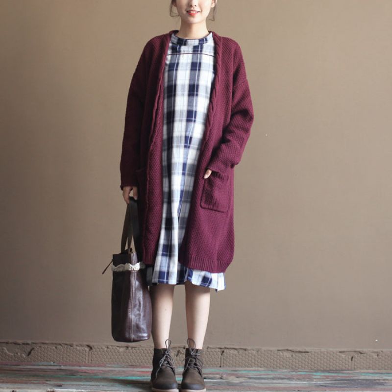 Winter Vintage Katoenen Trui Vesten Bordeaux Oversized Zakken Gebreide Wikkeljas - Dames cardigans