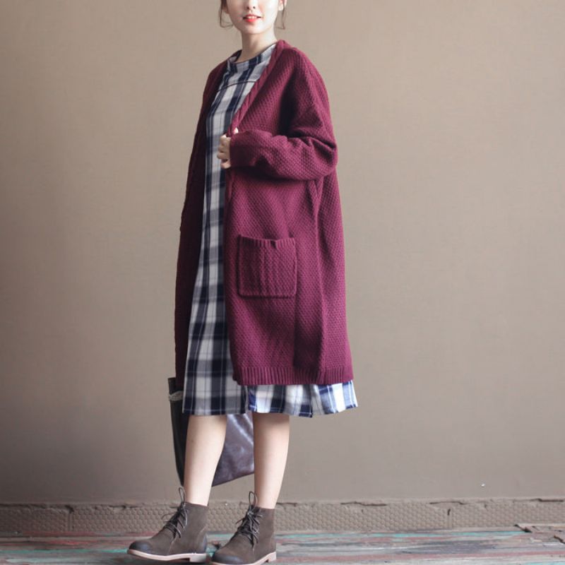 Winter Vintage Katoenen Trui Vesten Bordeaux Oversized Zakken Gebreide Wikkeljas - Dames cardigans