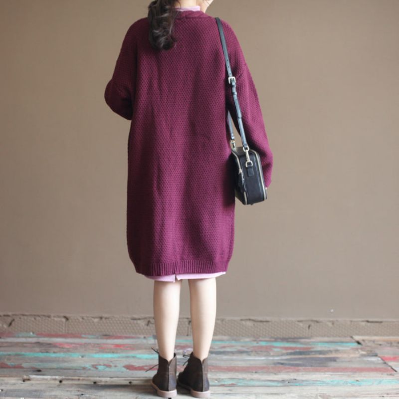 Winter Vintage Katoenen Trui Vesten Bordeaux Oversized Zakken Gebreide Wikkeljas - Dames cardigans