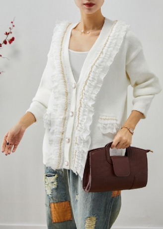 Witte Patchwork Gebreide Jassen Met Ruches V-hals Herfst