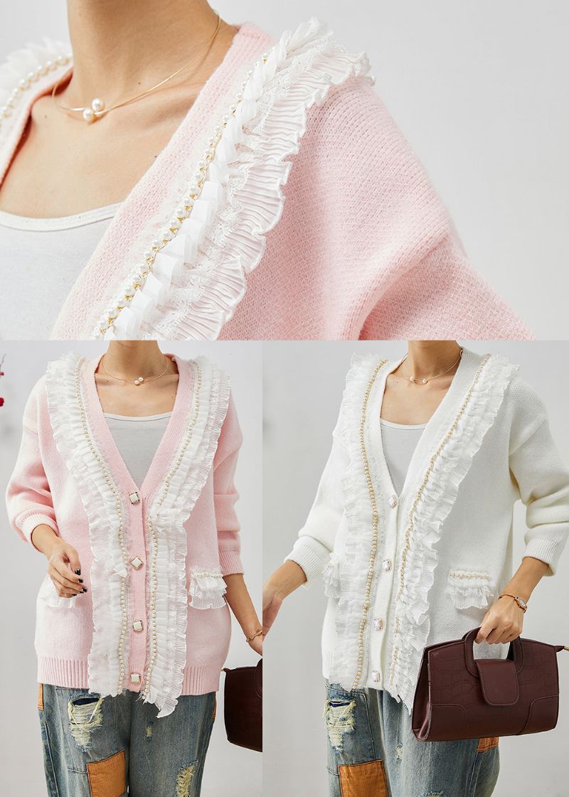 Witte Patchwork Gebreide Jassen Met Ruches V-hals Herfst - Dames cardigans