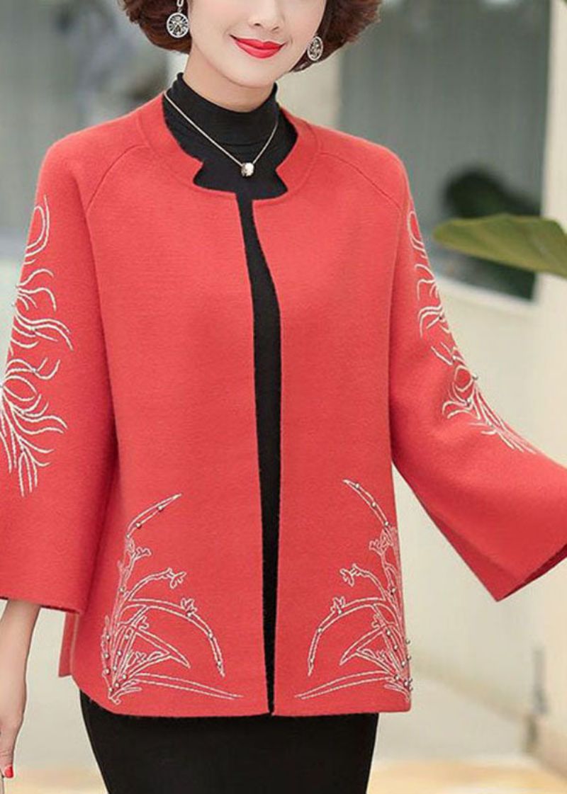 Wollen Vesten Met Rode Print O-hals Oversized Spijkerkralen Met Lange Mouwen - Rood