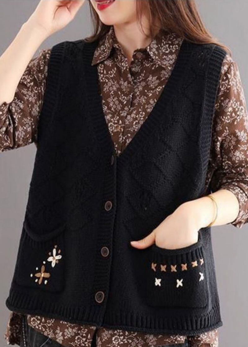 Zwart Geknoopt Patchwork Gezellig Katoenen Gebreid Vest Met V-hals Herfst - Dames cardigans